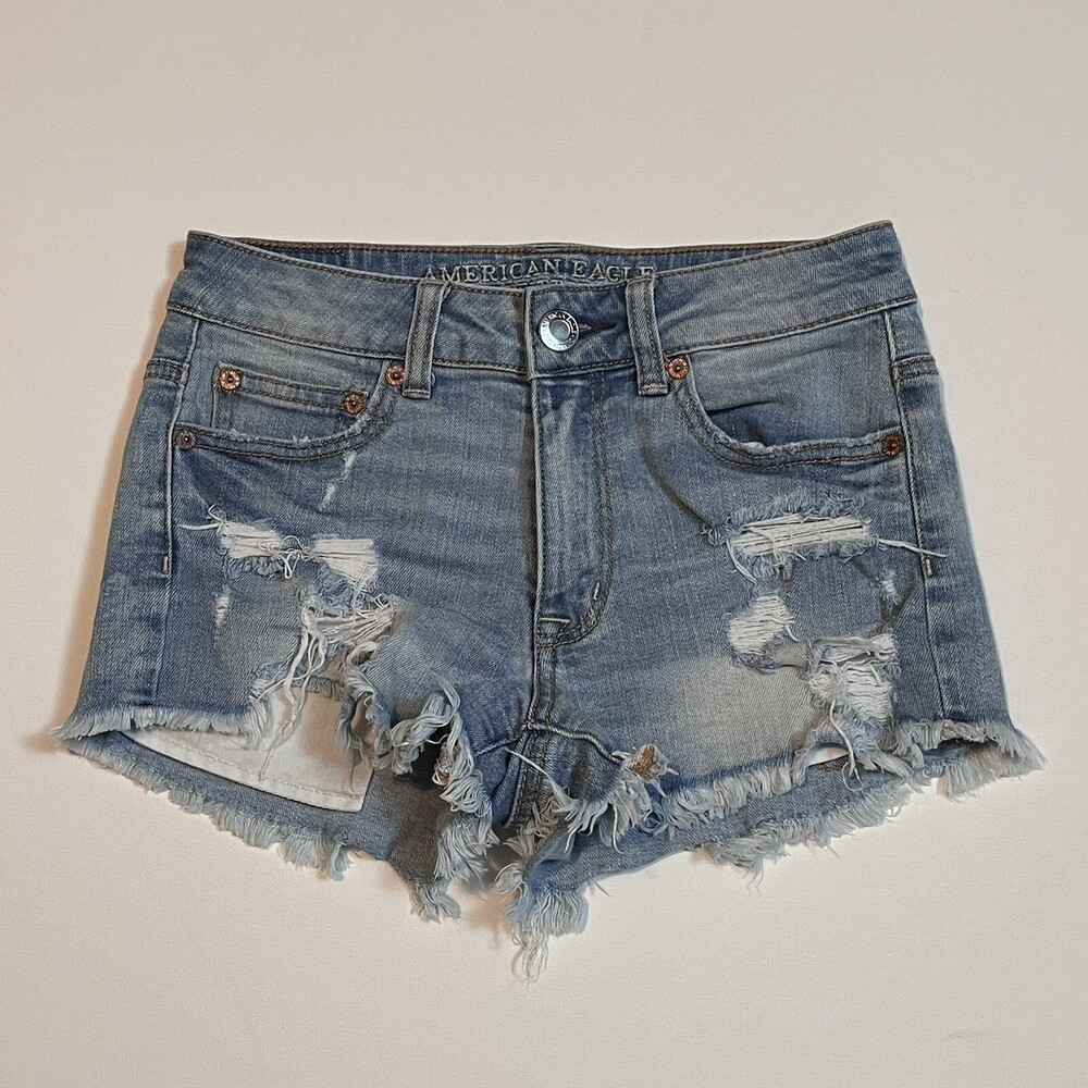 Vintage American Eagle Hi-Rise Shortie Blue Jean Denim Shorts Size 2 Distressed